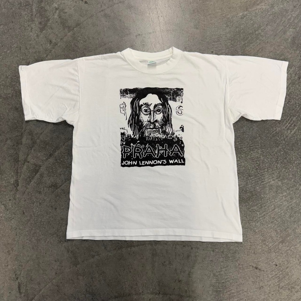 Vintage Men's John Lennon Praha Art T-shirt Beatles White Short Sleeve Large